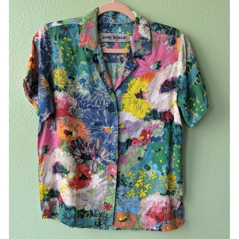 Jams World Lush Floral Rayon Shirt XS Vintage 90s Made in Hawaii Multicolored